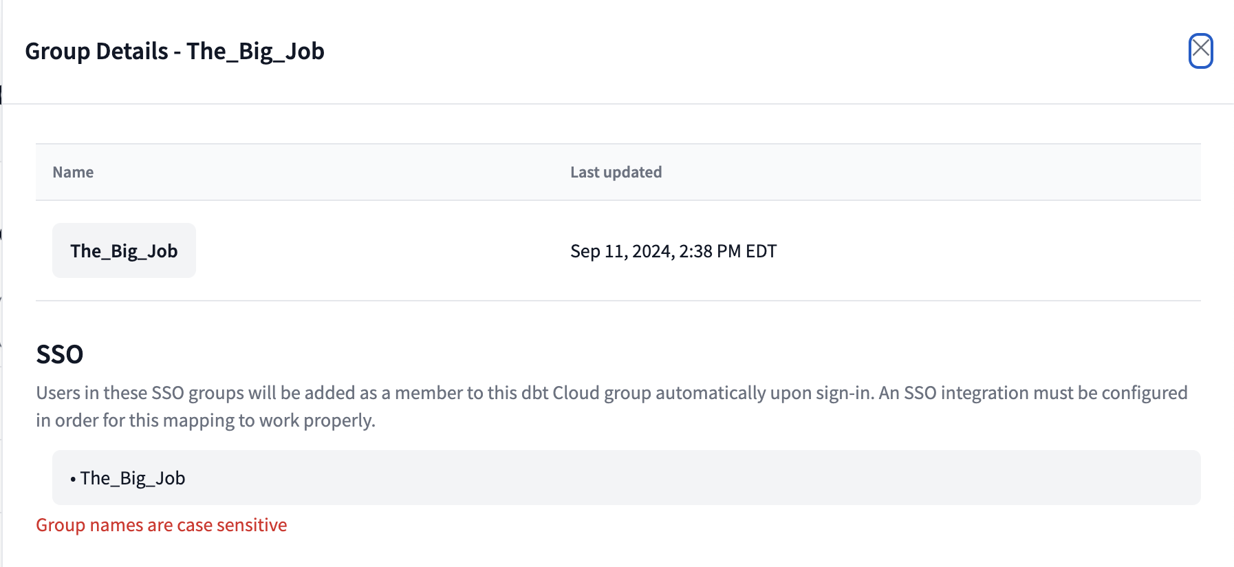 Example of an SSO group mapped to a dbt group.