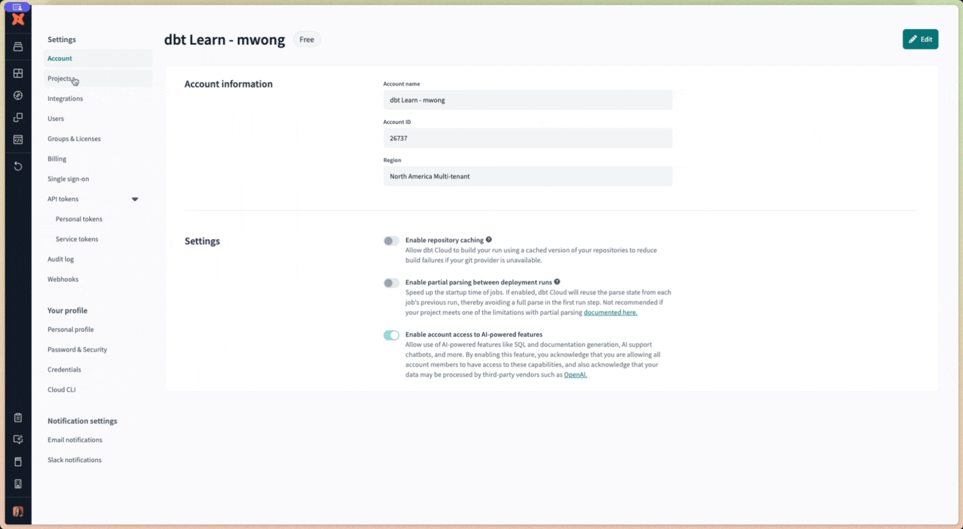 Navigate to 'Account settings' and then click + 'New Project' to create new projects in dbt
