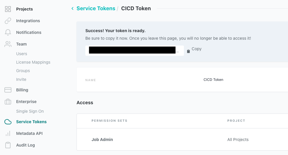 View of the dbt page where service tokens are created