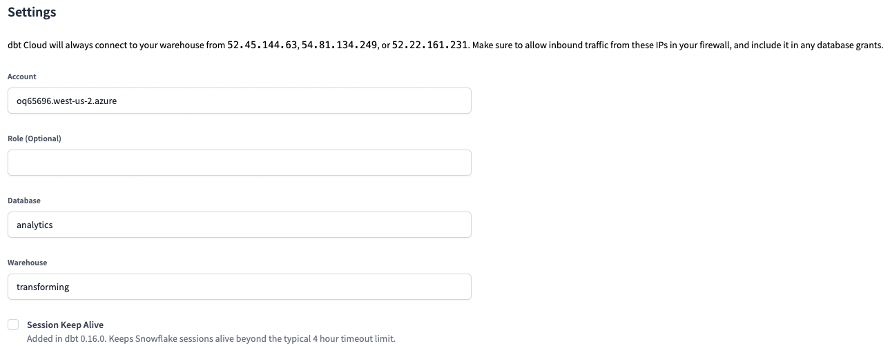 dbt - Snowflake Account Settings